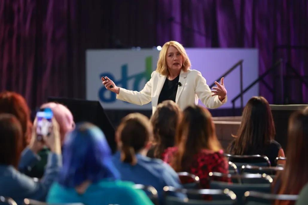A photo shows ATD26 keynoter Liz Wiseman during her address.