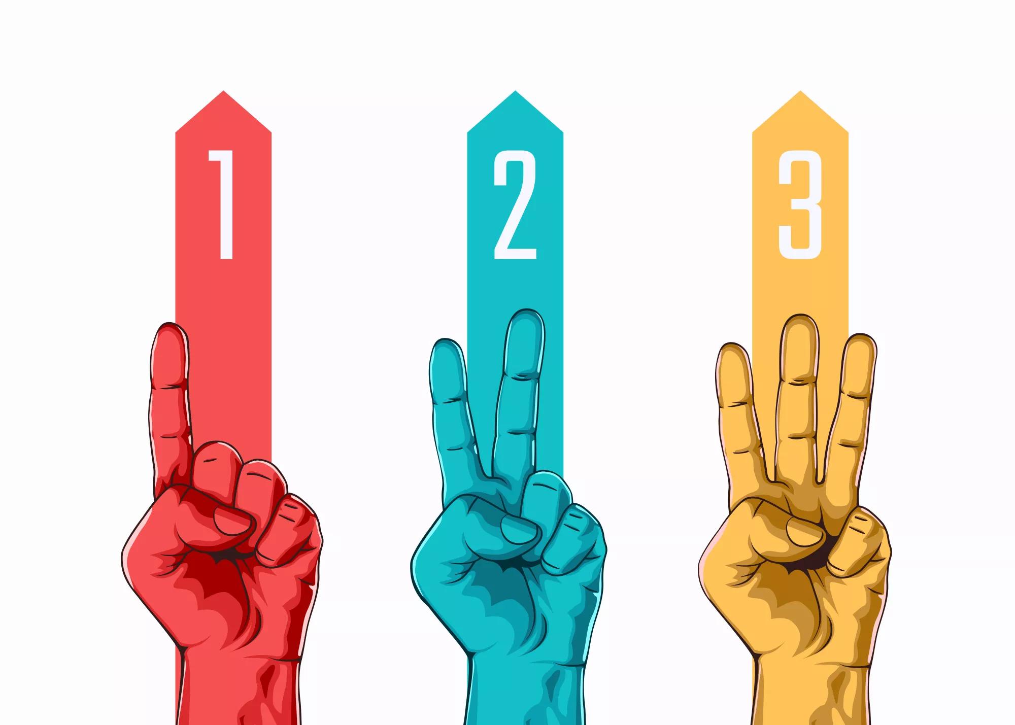 Set of counting one two three hand sign. Three steps or options concept. Vector illustration