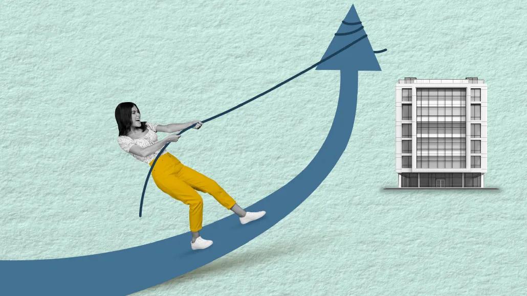 A person surfs on the stem of an arrow. She lassos the point of the arrow, pulling it so that it points upward and away from an office building—where it was originally headed.