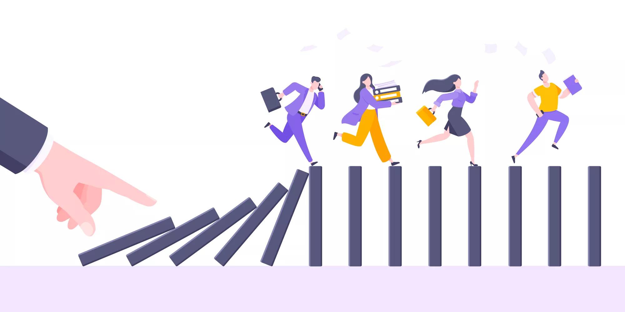Domino effect or business cowardice metaphor vector illustration concept. Adult young business people run away from hand falling domino line business concept problem solving and danger chain reaction.