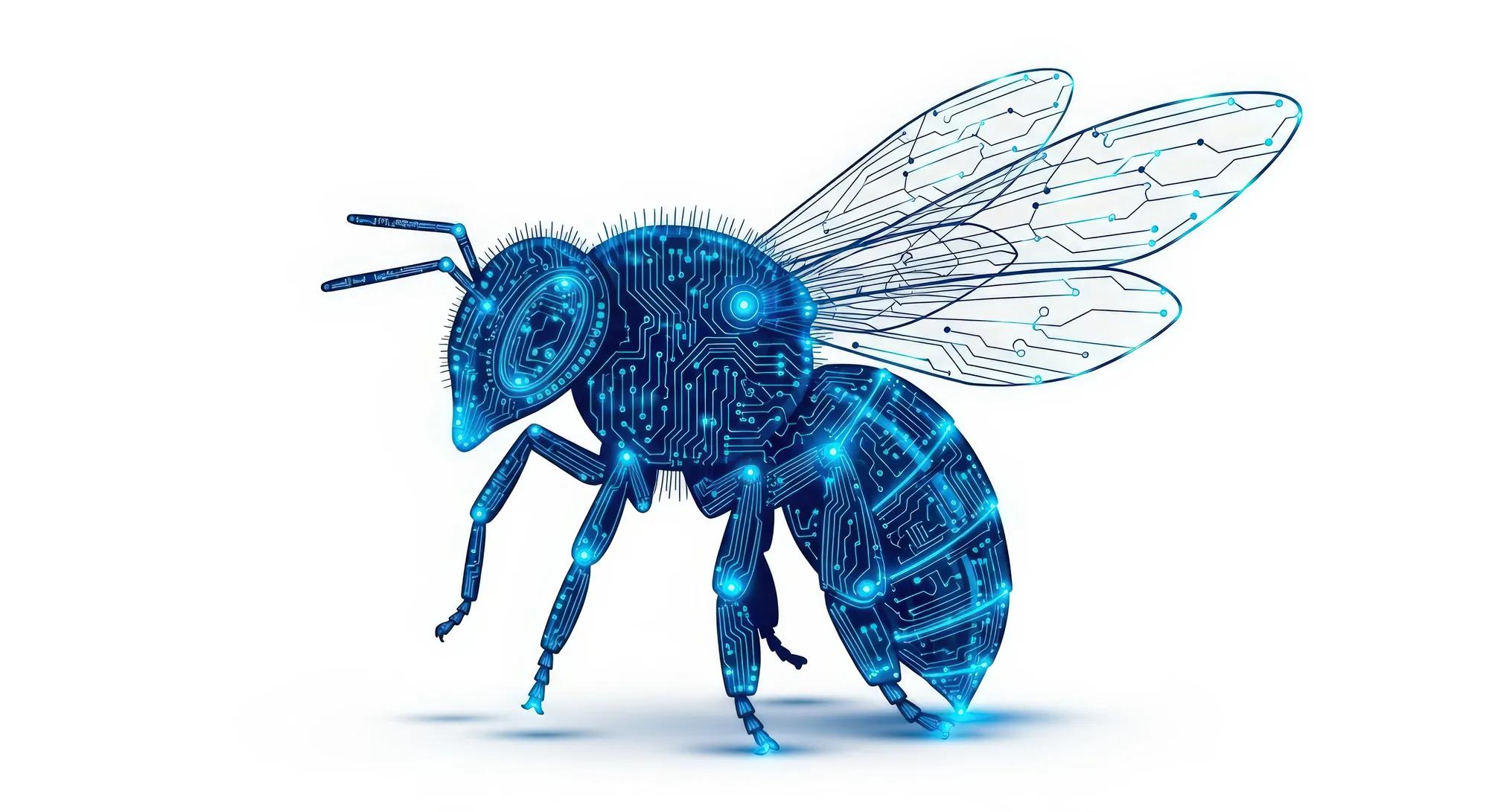 A glowing blue robotic bee with intricate digital circuits, symbolizing artificial intelligence and technology on a white background.