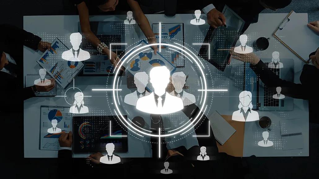 Dreamstime image depicts a business meeting with graphical overlays representing team collaboration, data visualization, and AI agents.
