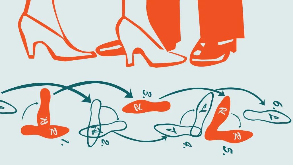 An illustration shows dance steps of a routine.