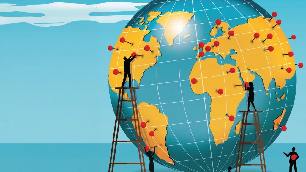 An illustration shows a globe with a variety of pins placed in different countries