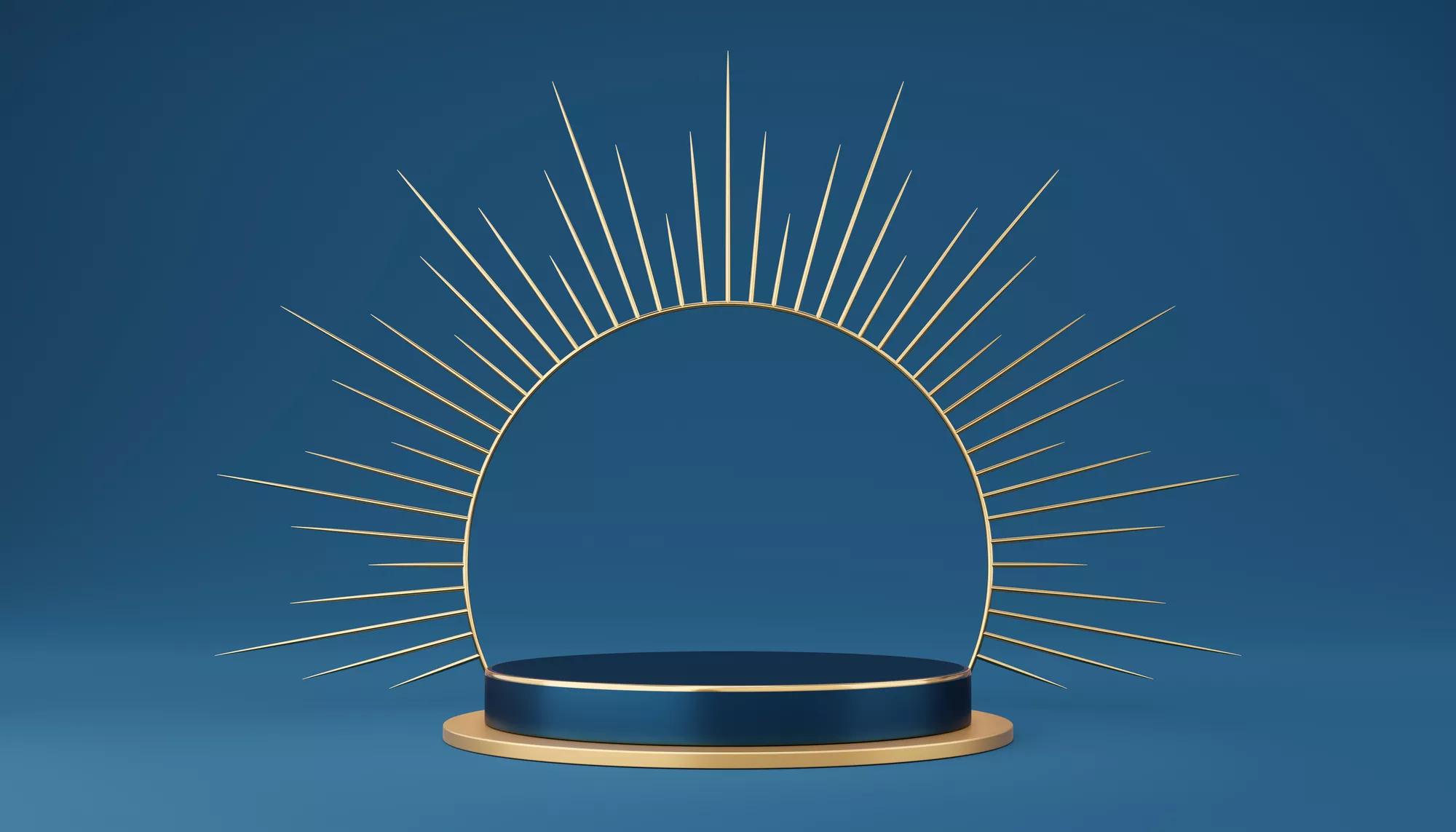 Empty blue cylinder podium with gold border and spiked halo circle on blue background. Abstract minimal studio 3d geometric shape object. Pedestal mockup space for luxury display. 3d rendering.