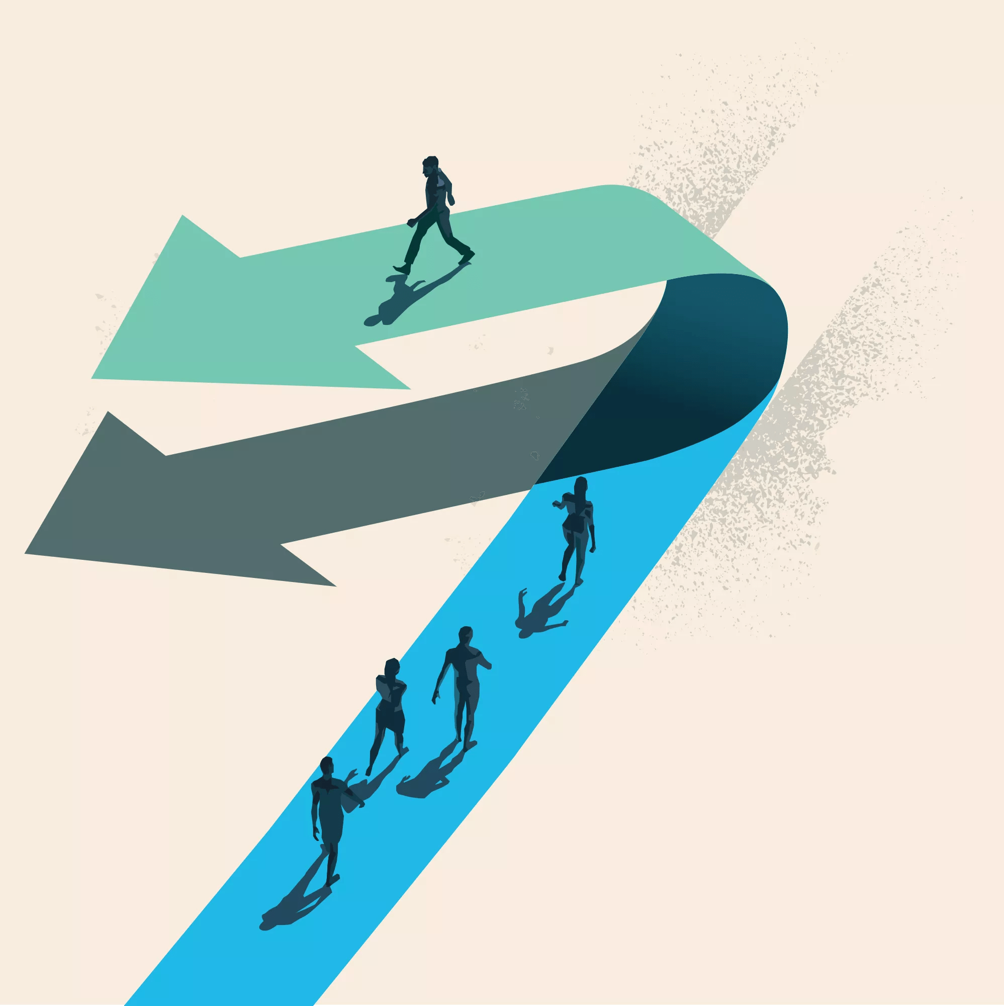 A Change of Direction. A businessman choosing to walk in the opposite direction to other people on top of a arrow. Business conceptual vector illustration.