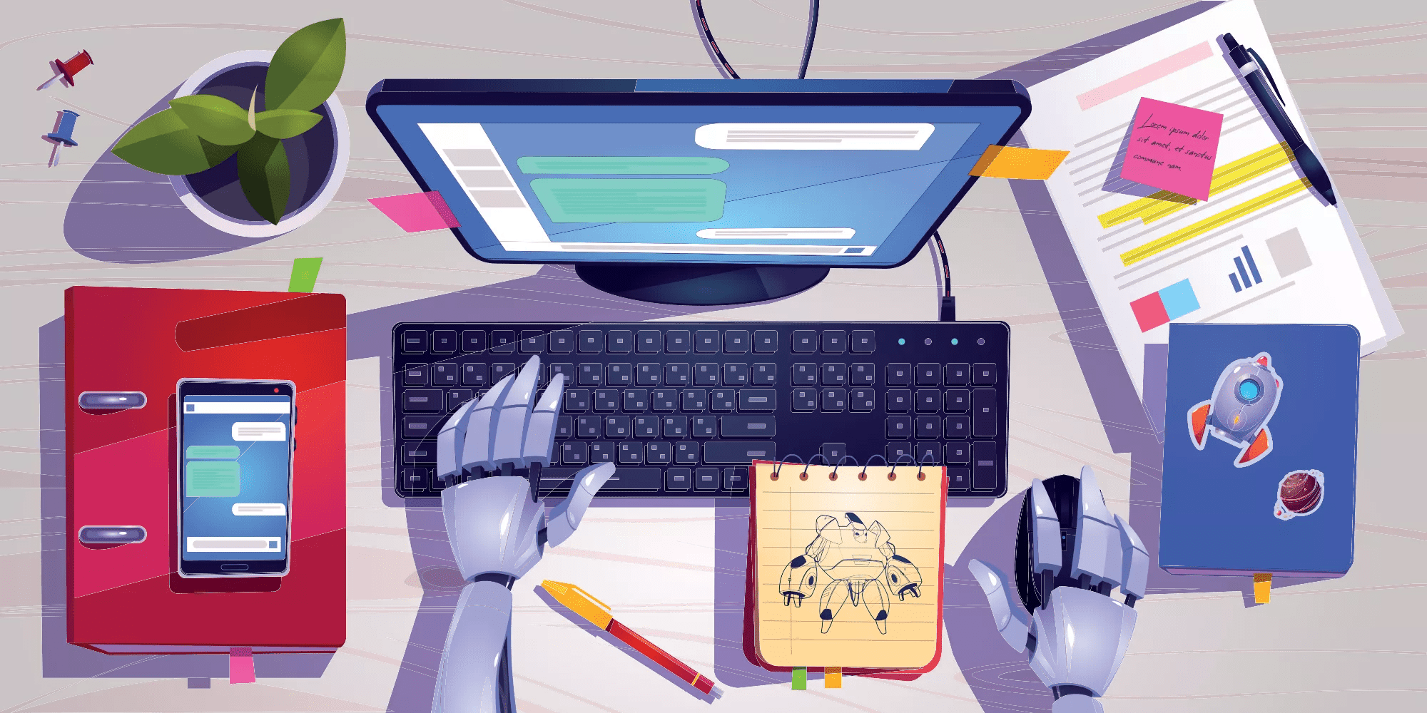 Workspace with robot working on computer keyboard top view. Concept of chat bot with ai. Vector cartoon futuristic illustration of wooden desk with computer screen, stationary, plant and robotic hands