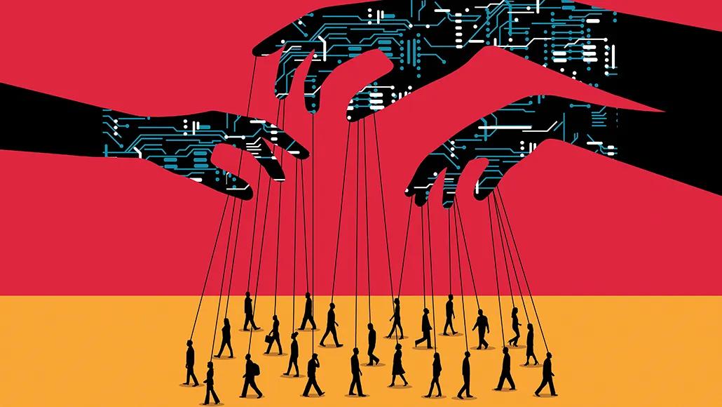 An illustration depicts robotic hands pulling on humans via puppet strings.
