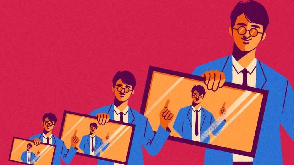 Three of the same trainer (each larger in size from left to right) hold a screen with one hand and point with the other. On each of the three screens is the same trainer, still pointing.