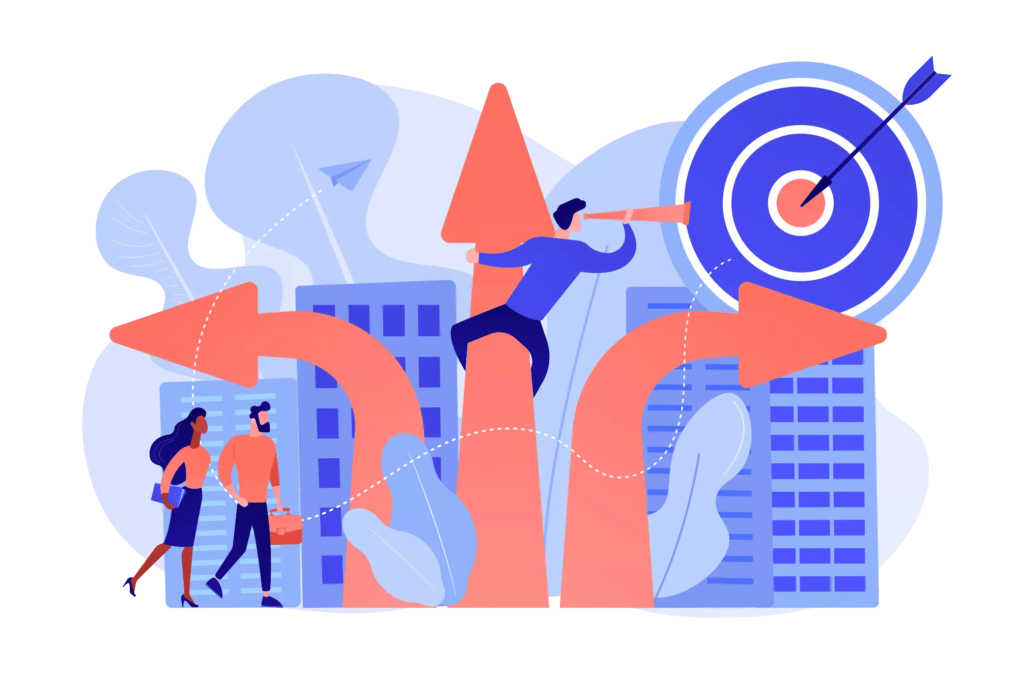 Business people and empolyee choosing new career direction arrow with target. Career change, alternative career, retraining for a new job concept. Pinkish coral bluevector isolated illustration