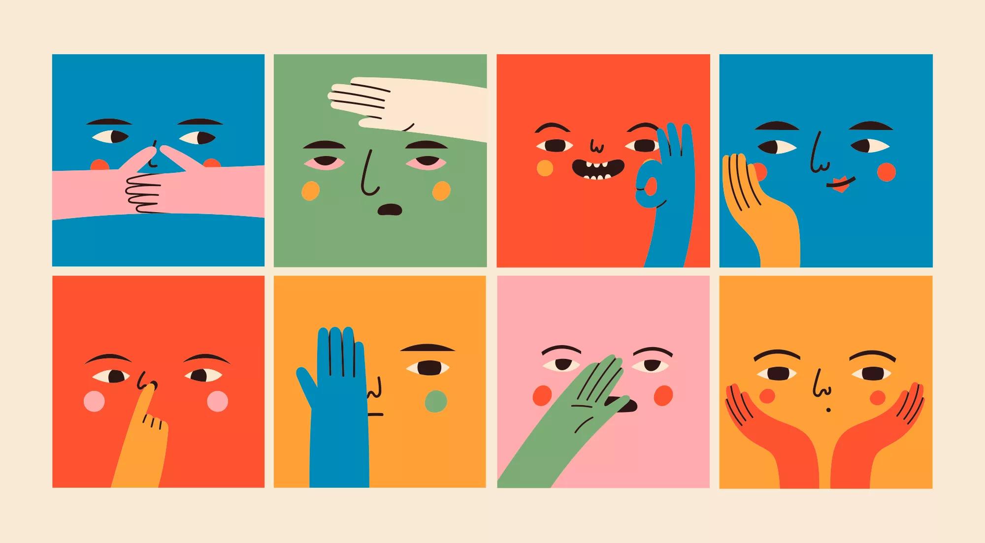 Square abstract comic Faces with various Emotions and hand gestures. Different colored characters. Cartoon style. Flat design. Hand drawn trendy Vector illustrations. Every face is isolated