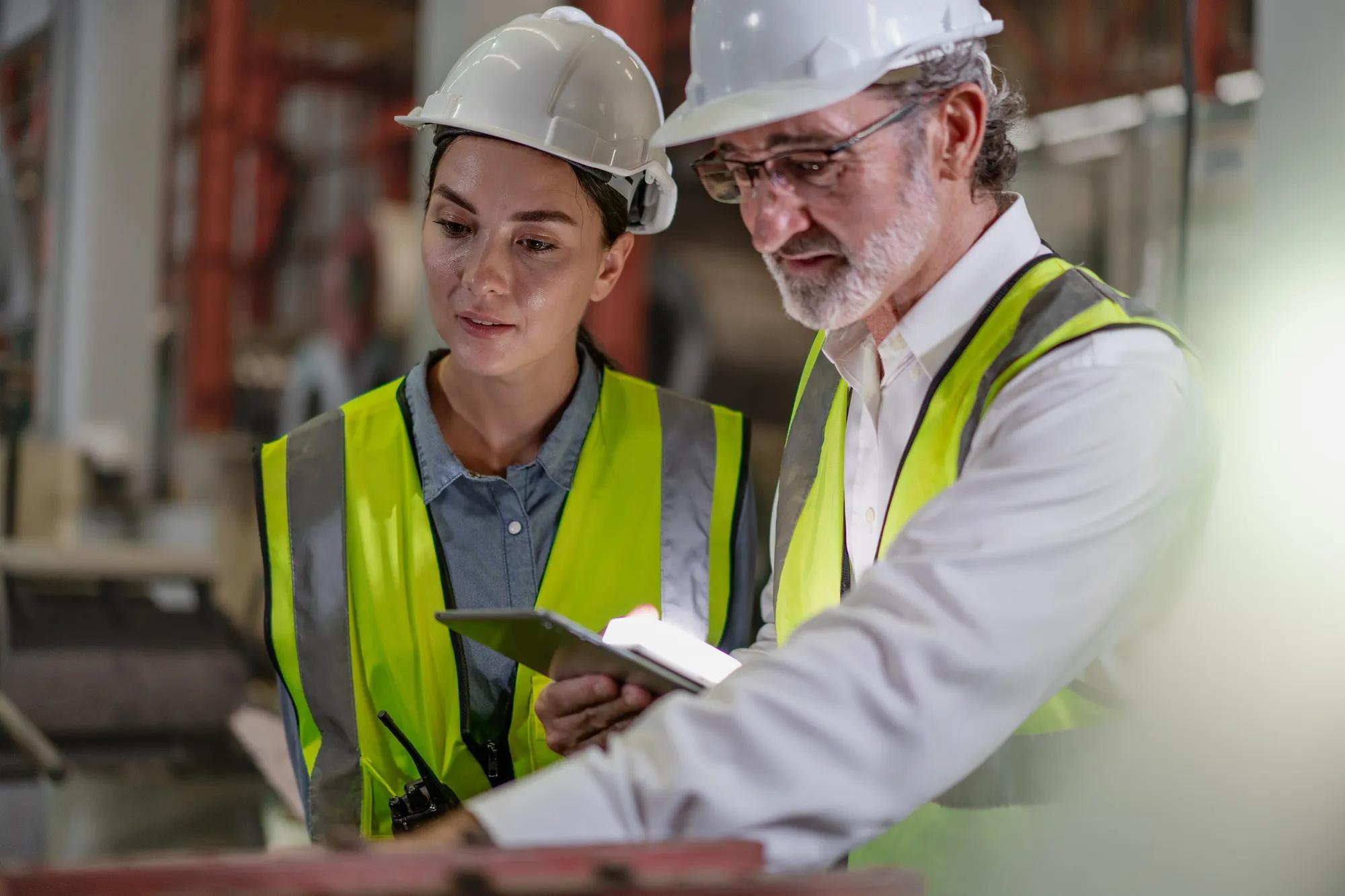 Senior manager using tablet train female technician working in metalwork production factory. Industrial engineer team standing in manufacturing facility talking machinery maintenance in heavy industry