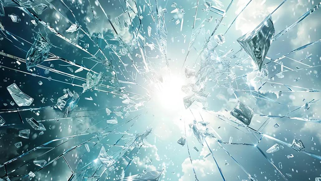 Adobe809471102 - A dynamic visual of a shattered glass ceiling with bright light shining through, representing breaking barriers in innovation