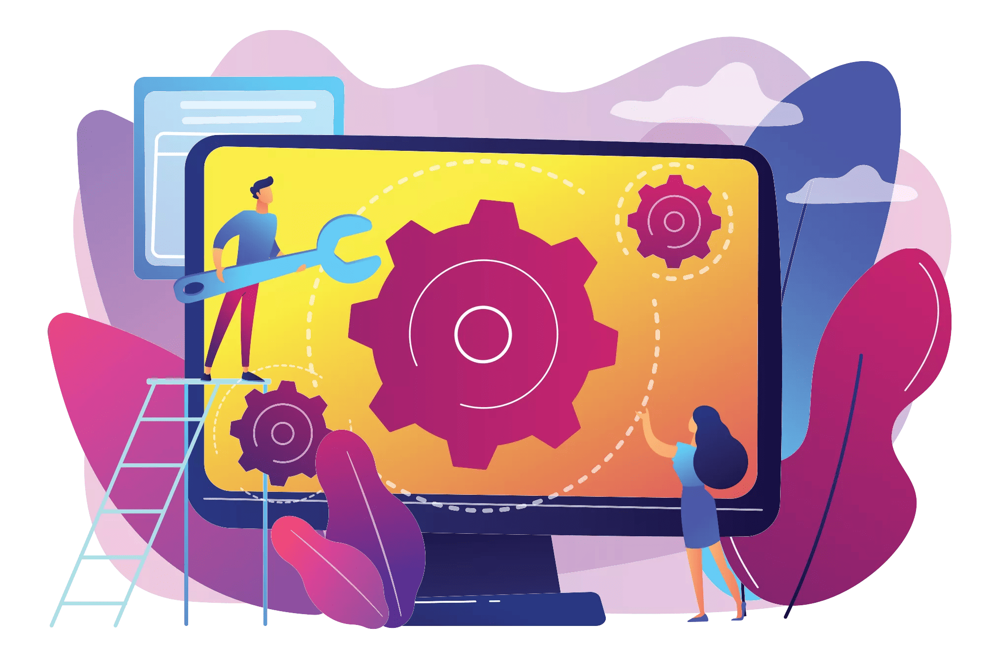 Computer technician with wrench repairing computer screen with gears. Computer service, laptop repair center, notebook setup service concept. Bright vibrant violet vector isolated illustration