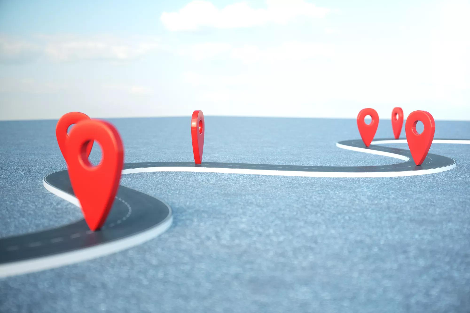 Road way location Infographic with pin pointers. Road way with red pointers. Road way on cloudy blue sky background. 3D illustration