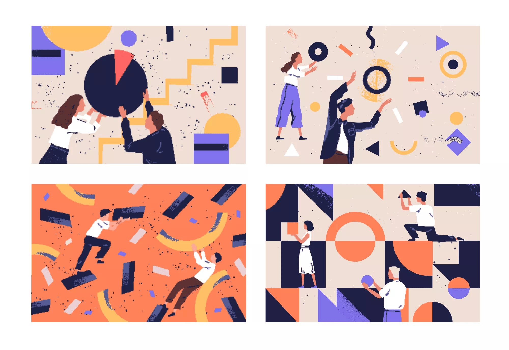 Collection of people organizing abstract geometric shapes scattered around them. Bundle of young men and women collecting figures. Concept of teamwork. Flat vector illustration in contemporary style.