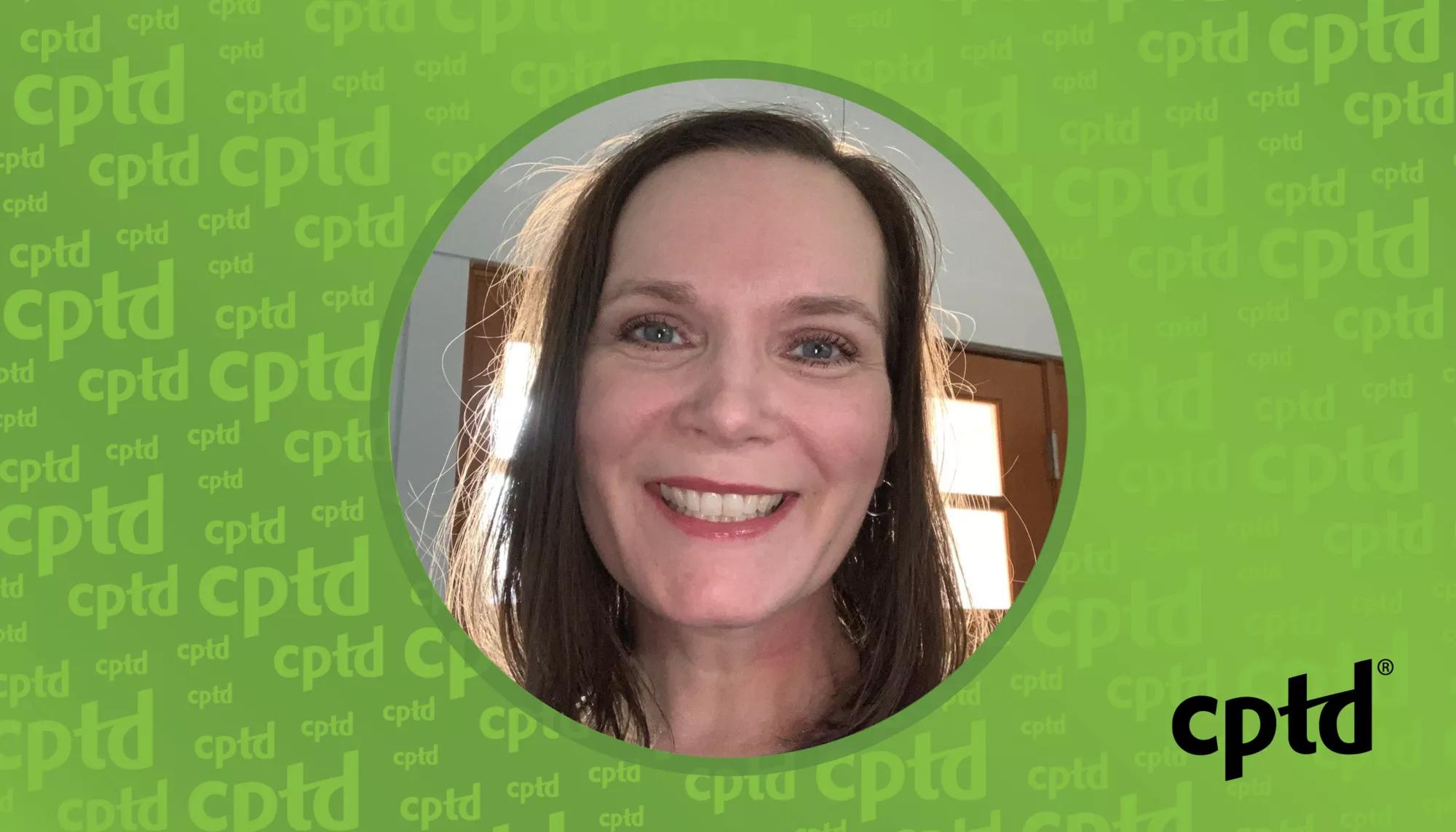 A photo of Victoria Nelson with a green CPTD background