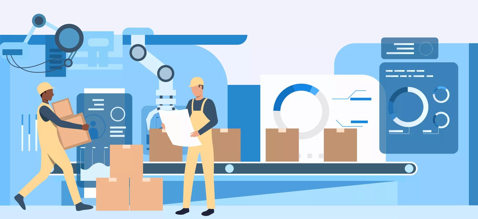 People working at factory landing pages. Operational workers, conveyor belt, assembly line. Industry concept. Vector illustration for topics like production, machine, blue color